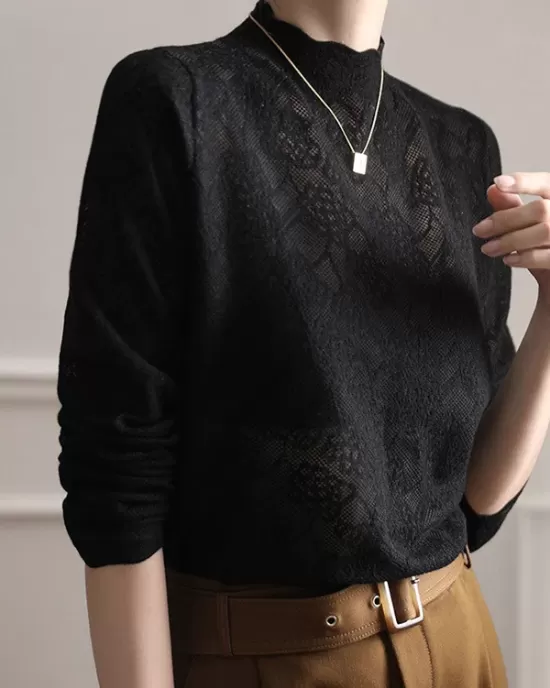 Hollow Jacquard Solid Color Long Sleeves T-Shirts Tops Knitwear