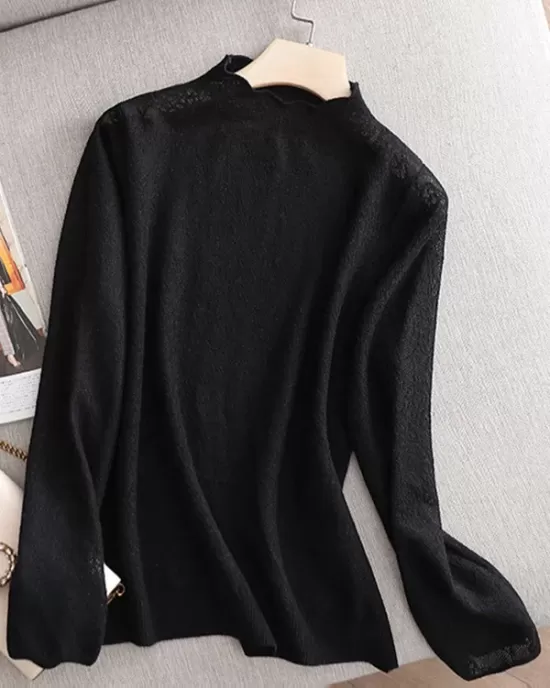 Hollow Jacquard Solid Color Long Sleeves T-Shirts Tops Knitwear