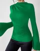 Flared Sleeves Long Sleeves Pleated Solid Color Boat Neck Skinny T-Shirts