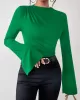 Flared Sleeves Long Sleeves Pleated Solid Color Boat Neck Skinny T-Shirts