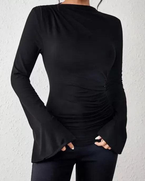 Flared Sleeves Long Sleeves Pleated Solid Color Boat Neck Skinny T-Shirts