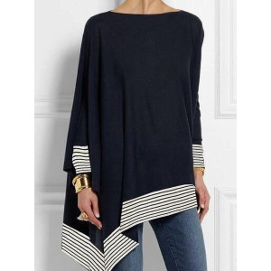 Batwing Sleeves Long Sleeves Split-Joint Striped Round-Neck T-Shirts