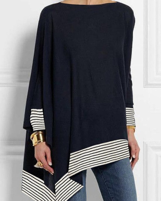 Batwing Sleeves Long Sleeves Split-Joint Striped Round-Neck T-Shirts