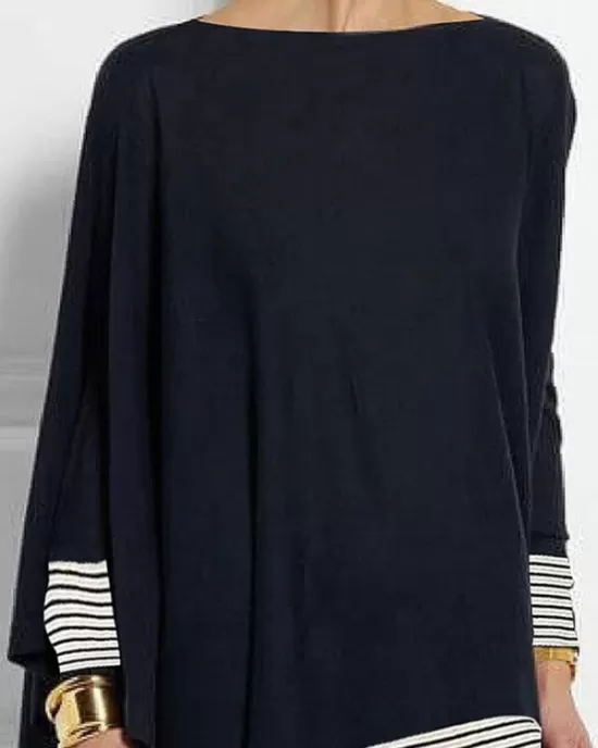 Batwing Sleeves Long Sleeves Split-Joint Striped Round-Neck T-Shirts