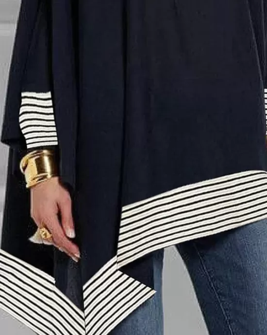 Batwing Sleeves Long Sleeves Split-Joint Striped Round-Neck T-Shirts