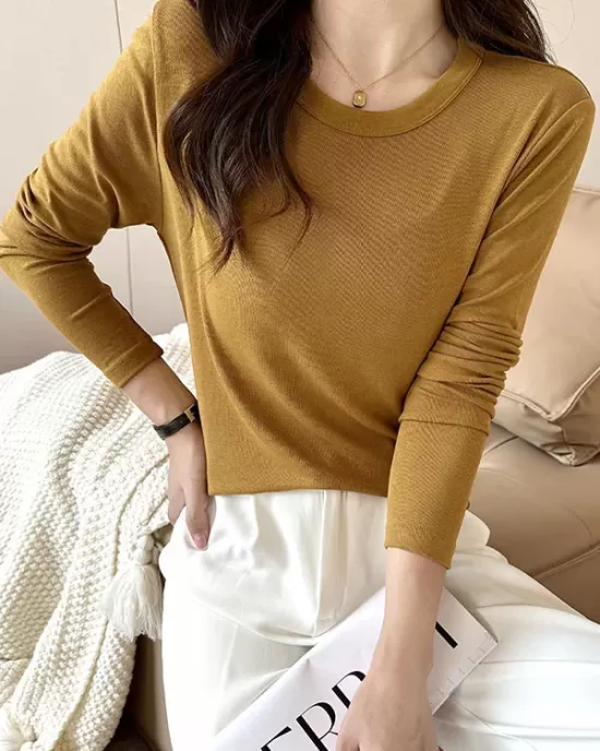 Solid Color Long Sleeves Round-neck Skinny T-Shirts Tops