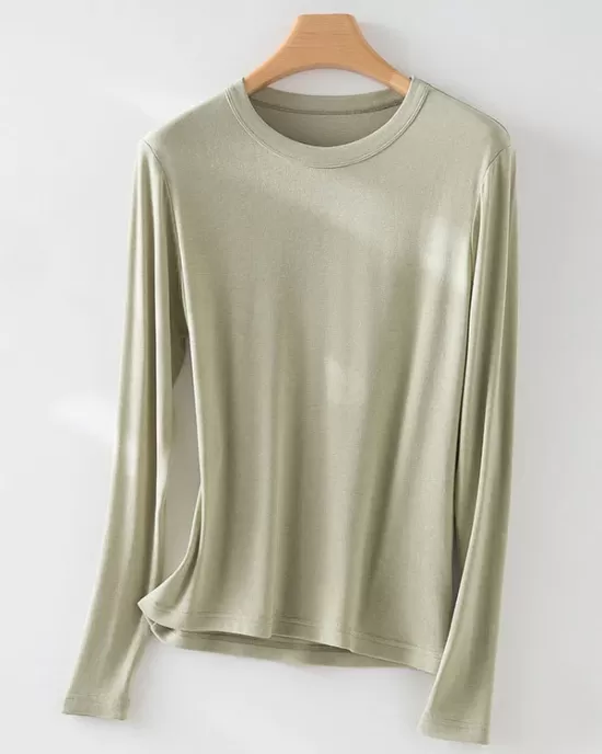 Solid Color Long Sleeves Round-neck Skinny T-Shirts Tops