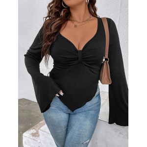 Pleated Solid Color Flared Sleeves Long Sleeves Deep V-Neck T-Shirts Tops