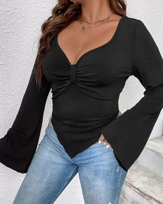 Pleated Solid Color Flared Sleeves Long Sleeves Deep V-Neck T-Shirts Tops