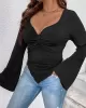 Pleated Solid Color Flared Sleeves Long Sleeves Deep V-Neck T-Shirts Tops