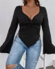 Pleated Solid Color Flared Sleeves Long Sleeves Deep V-Neck T-Shirts Tops