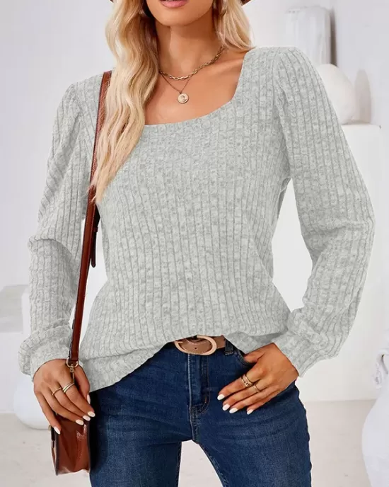 Solid Color Long Sleeves Loose Square-Neck T-Shirts Tops