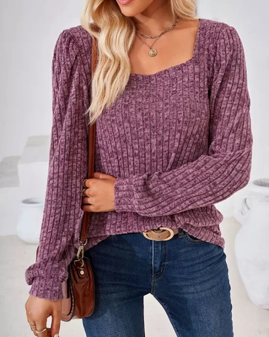 Solid Color Long Sleeves Loose Square-Neck T-Shirts Tops