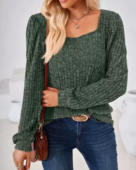 Solid Color Long Sleeves Loose Square-Neck T-Shirts Tops