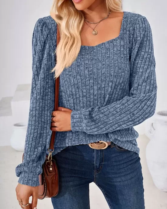 Solid Color Long Sleeves Loose Square-Neck T-Shirts Tops