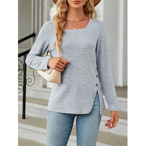 Asymmetric Buttoned Solid Color Split-side Long Sleeves Loose Square-neck T-Shirts Tops