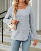 Asymmetric Buttoned Solid Color Split-side Long Sleeves Loose Square-neck T-Shirts Tops