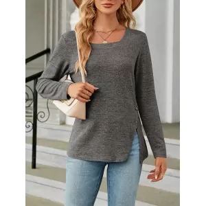 Asymmetric Buttoned Solid Color Split-side Long Sleeves Loose Square-neck T-Shirts Tops