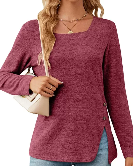 Asymmetric Buttoned Solid Color Split-side Long Sleeves Loose Square-neck T-Shirts Tops