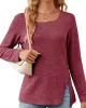 Asymmetric Buttoned Solid Color Split-side Long Sleeves Loose Square-neck T-Shirts Tops