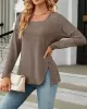 Asymmetric Buttoned Solid Color Split-side Long Sleeves Loose Square-neck T-Shirts Tops