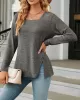 Asymmetric Buttoned Solid Color Split-side Long Sleeves Loose Square-neck T-Shirts Tops