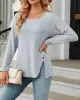 Asymmetric Buttoned Solid Color Split-side Long Sleeves Loose Square-neck T-Shirts Tops