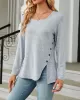 Asymmetric Buttoned Solid Color Split-side Long Sleeves Loose Square-neck T-Shirts Tops