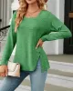 Asymmetric Buttoned Solid Color Split-side Long Sleeves Loose Square-neck T-Shirts Tops