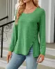 Asymmetric Buttoned Solid Color Split-side Long Sleeves Loose Square-neck T-Shirts Tops