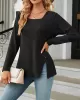 Asymmetric Buttoned Solid Color Split-side Long Sleeves Loose Square-neck T-Shirts Tops