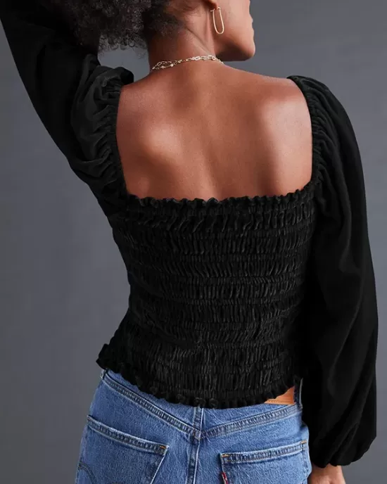 Elasticity Solid Color Velvet Long Sleeves Loose Square-Neck T-Shirts Tops