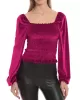 Elasticity Solid Color Velvet Long Sleeves Loose Square-Neck T-Shirts Tops