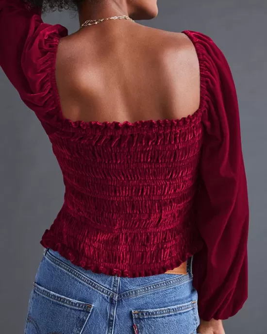 Elasticity Solid Color Velvet Long Sleeves Loose Square-Neck T-Shirts Tops