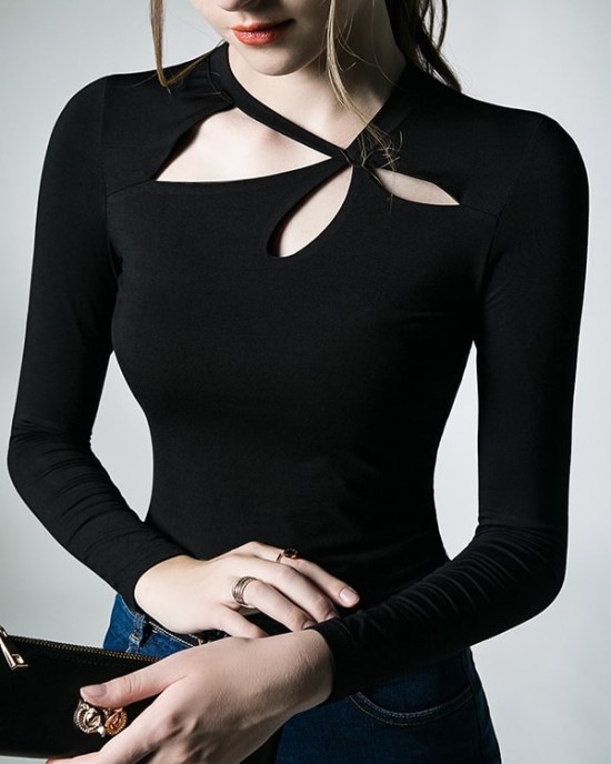 Hollow Solid Color Long Sleeves Skinny Asymmetric Collar T-Shirts Tops