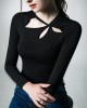 Hollow Solid Color Long Sleeves Skinny Asymmetric Collar T-Shirts Tops