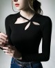 Hollow Solid Color Long Sleeves Skinny Asymmetric Collar T-Shirts Tops