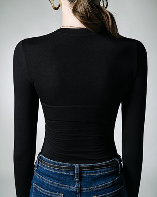 Hollow Solid Color Long Sleeves Skinny Asymmetric Collar T-Shirts Tops