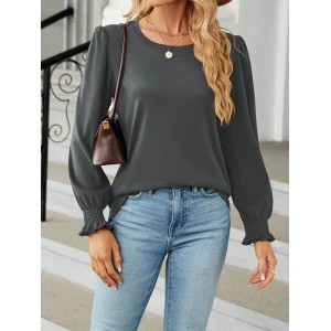 Elasticity Solid Color Long Sleeves Loose Round-Neck T-Shirts Tops