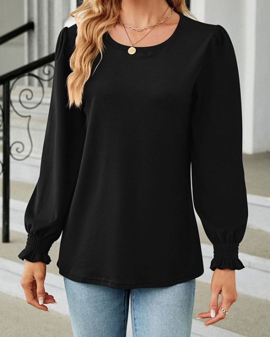 Elasticity Solid Color Long Sleeves Loose Round-Neck T-Shirts Tops