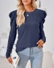 Pleated Solid Color Long Sleeves Loose Round-Neck T-Shirts Tops