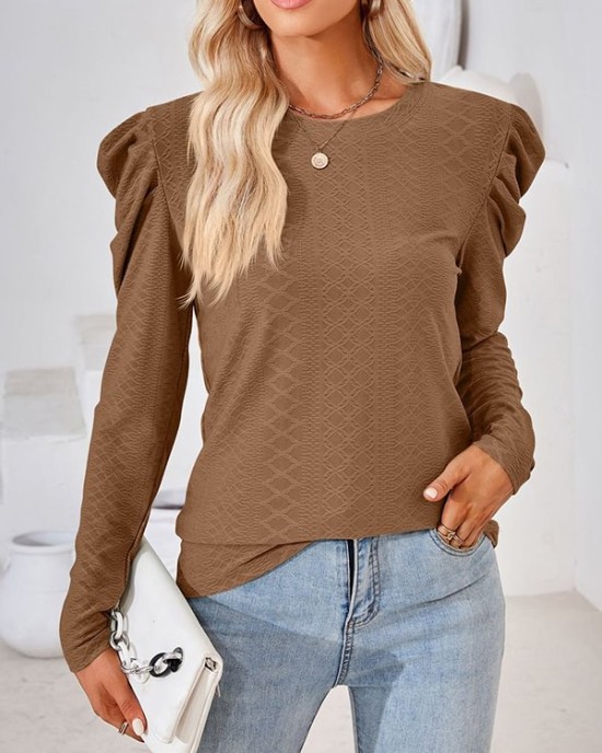 Pleated Solid Color Long Sleeves Loose Round-Neck T-Shirts Tops