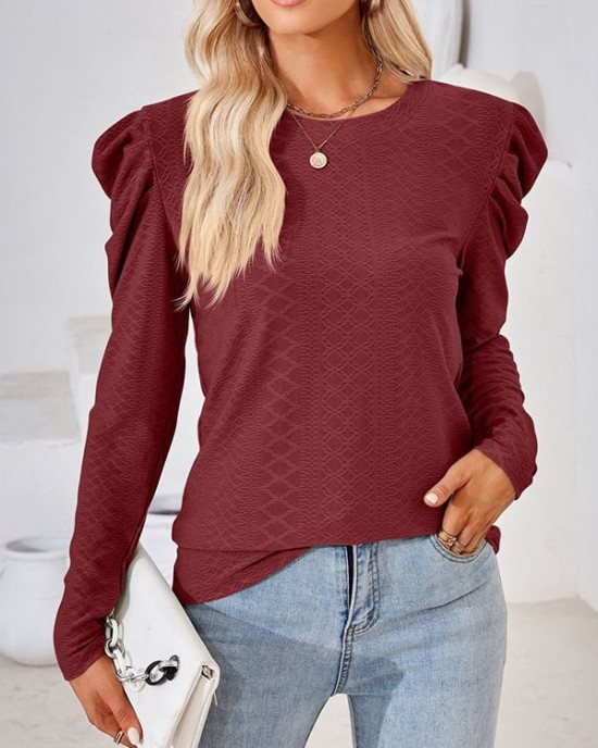 Pleated Solid Color Long Sleeves Loose Round-Neck T-Shirts Tops