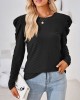 Pleated Solid Color Long Sleeves Loose Round-Neck T-Shirts Tops