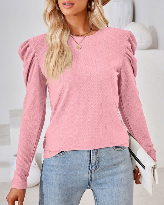 Pleated Solid Color Long Sleeves Loose Round-Neck T-Shirts Tops