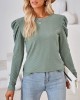 Pleated Solid Color Long Sleeves Loose Round-Neck T-Shirts Tops