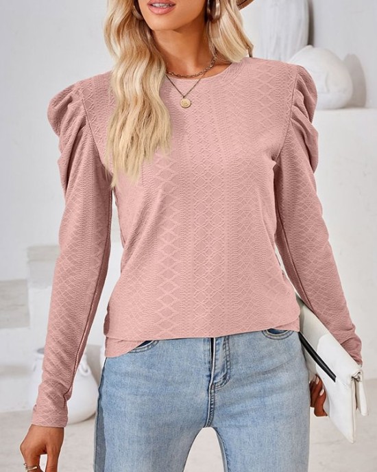 Pleated Solid Color Long Sleeves Loose Round-Neck T-Shirts Tops