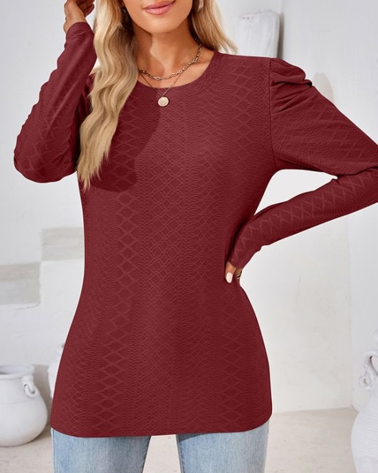 Pleated Solid Color Long Sleeves Loose Round-Neck T-Shirts Tops