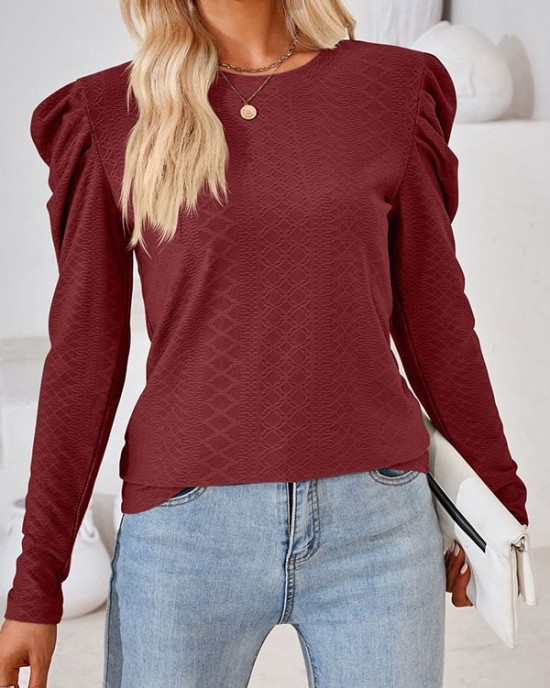 Pleated Solid Color Long Sleeves Loose Round-Neck T-Shirts Tops