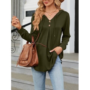 Buttoned Drawstring Hooded Solid Color Long Sleeves Loose V-Neck T-Shirts Tops